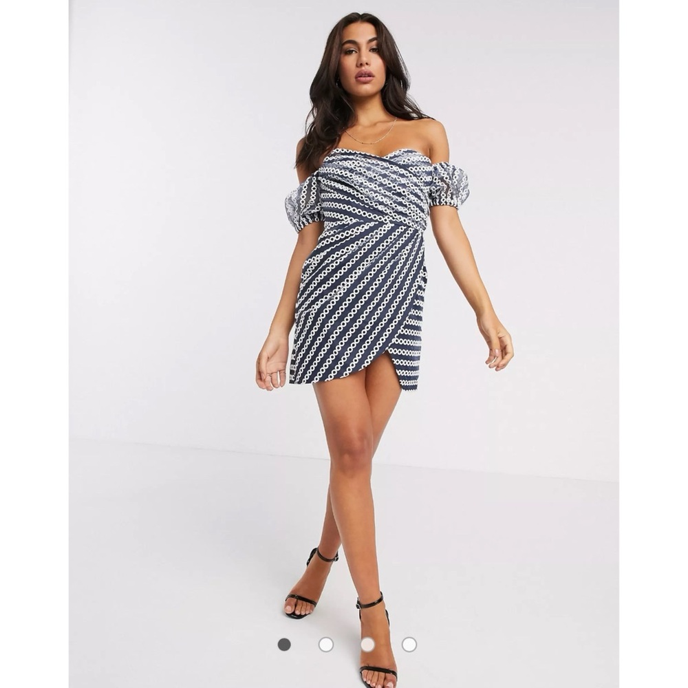 NWT ASOS Design Blue & White Off Shoulder Organza Wrap Mini Dress Size 6